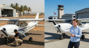 Side-by-side comparison of pilot training India vs USA, showing a trainee inspecting a small aircraft at an Indian airfield and a trainee performing a pre-flight checklist at a US airport.