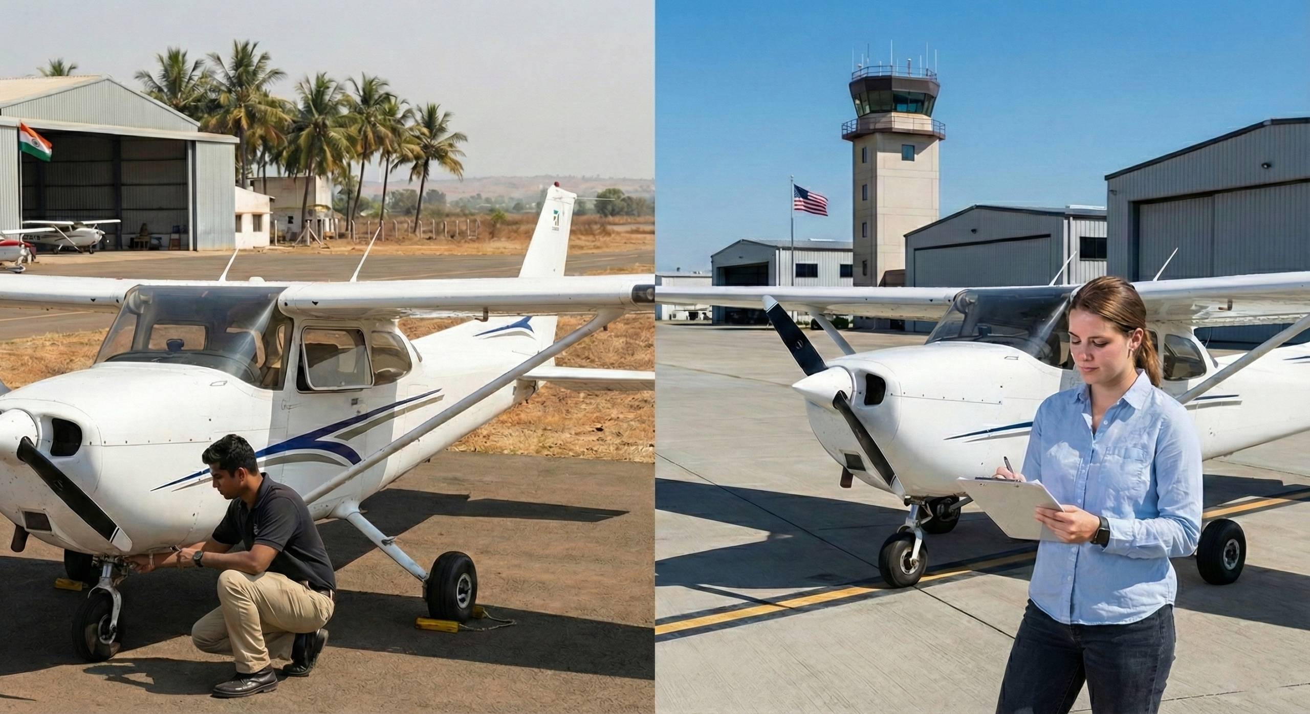 Side-by-side comparison of pilot training India vs USA, showing a trainee inspecting a small aircraft at an Indian airfield and a trainee performing a pre-flight checklist at a US airport.