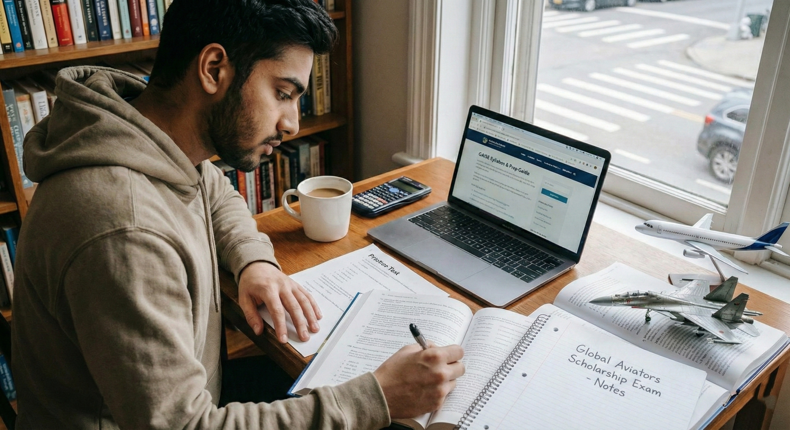 Student studying the GAISE syllabus with aviation books, laptop, and exam notes at a study desk near a window