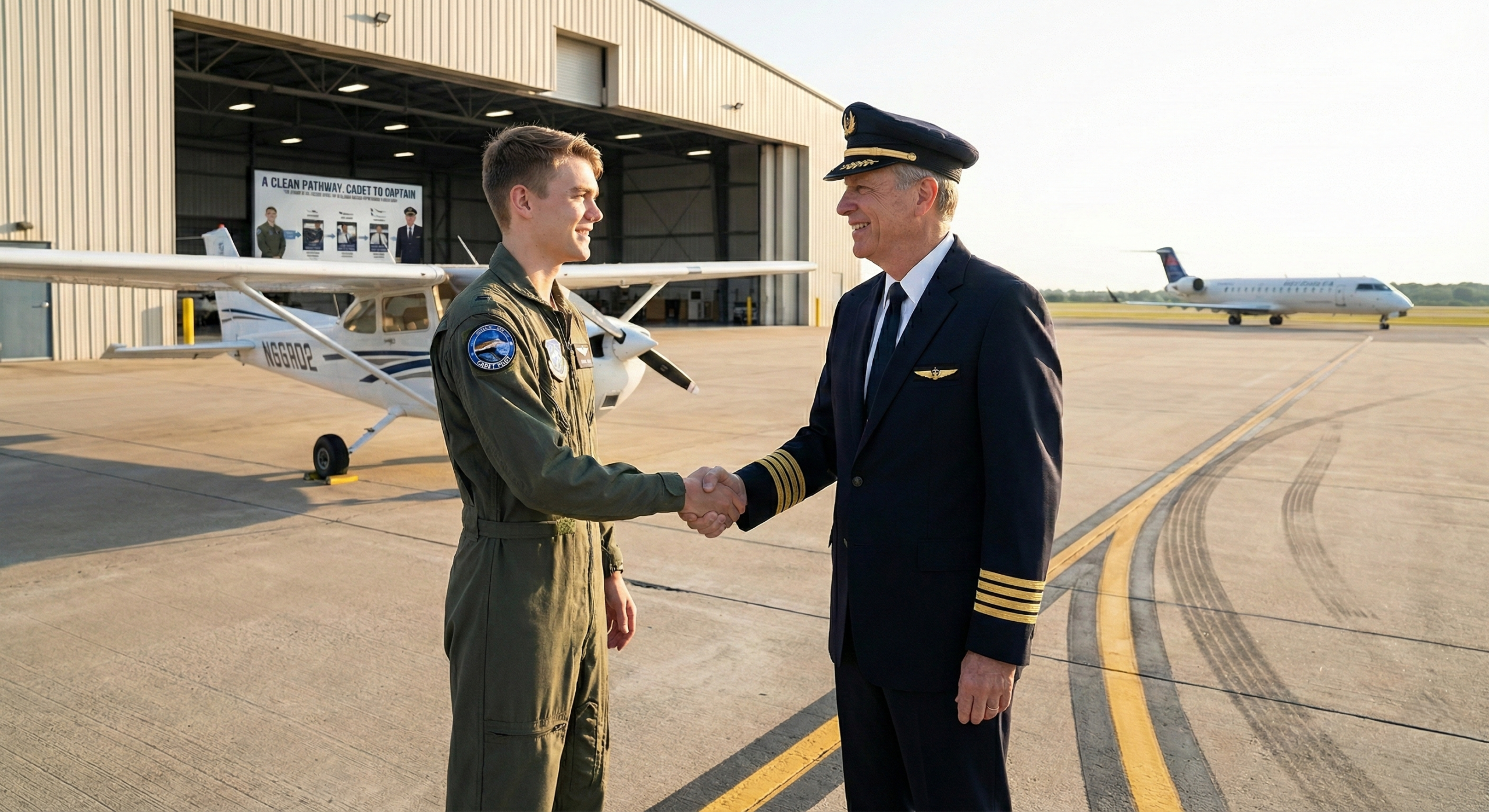 Cadet pilot shaking hands with airline captain, showing pilot career path