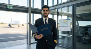 A commercial pilot in uniform holding a license folder, emphasizing the value of an aviation degree and aviation degree value in professional pilot training.