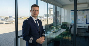 Pilot standing at a flight training facility highlighting pilot training ROI through professional aviation career outcomes
