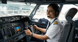 Female pilot flying a commercial aircraft, representing women in aviation