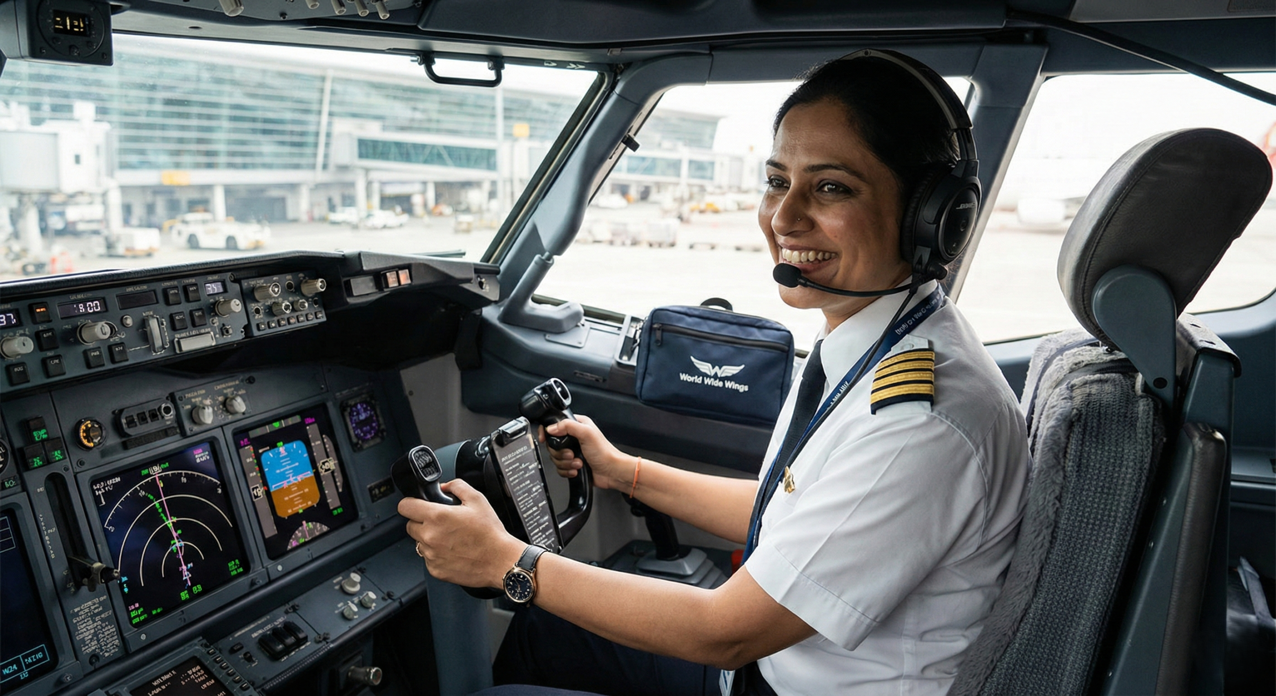 Female pilot flying a commercial aircraft, representing women in aviation