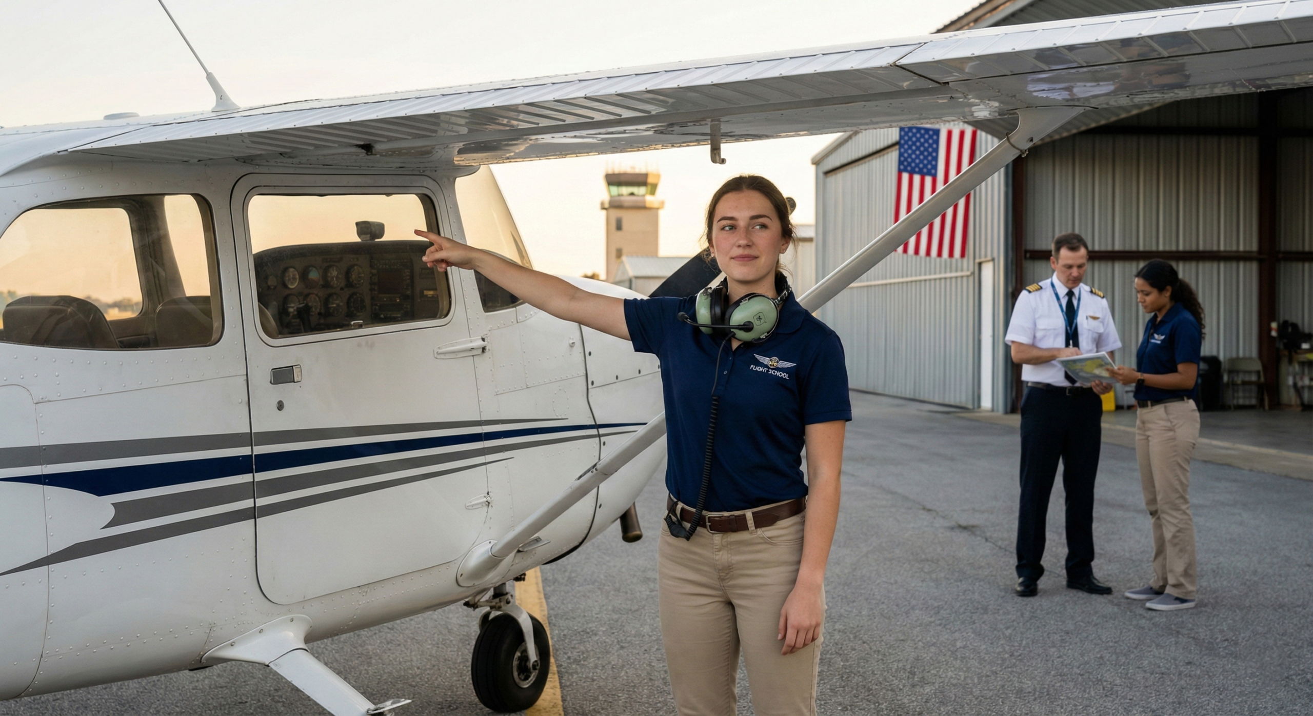 **Alt text:** Pilot training myths shown during a student pilot briefing beside a training aircraft at an airfield.